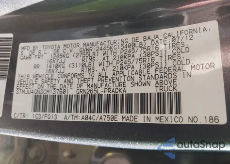 2012 Toyota Tacoma Prerunner V6 from USA, damaged, VIN 3TMJU4GN3CM137601